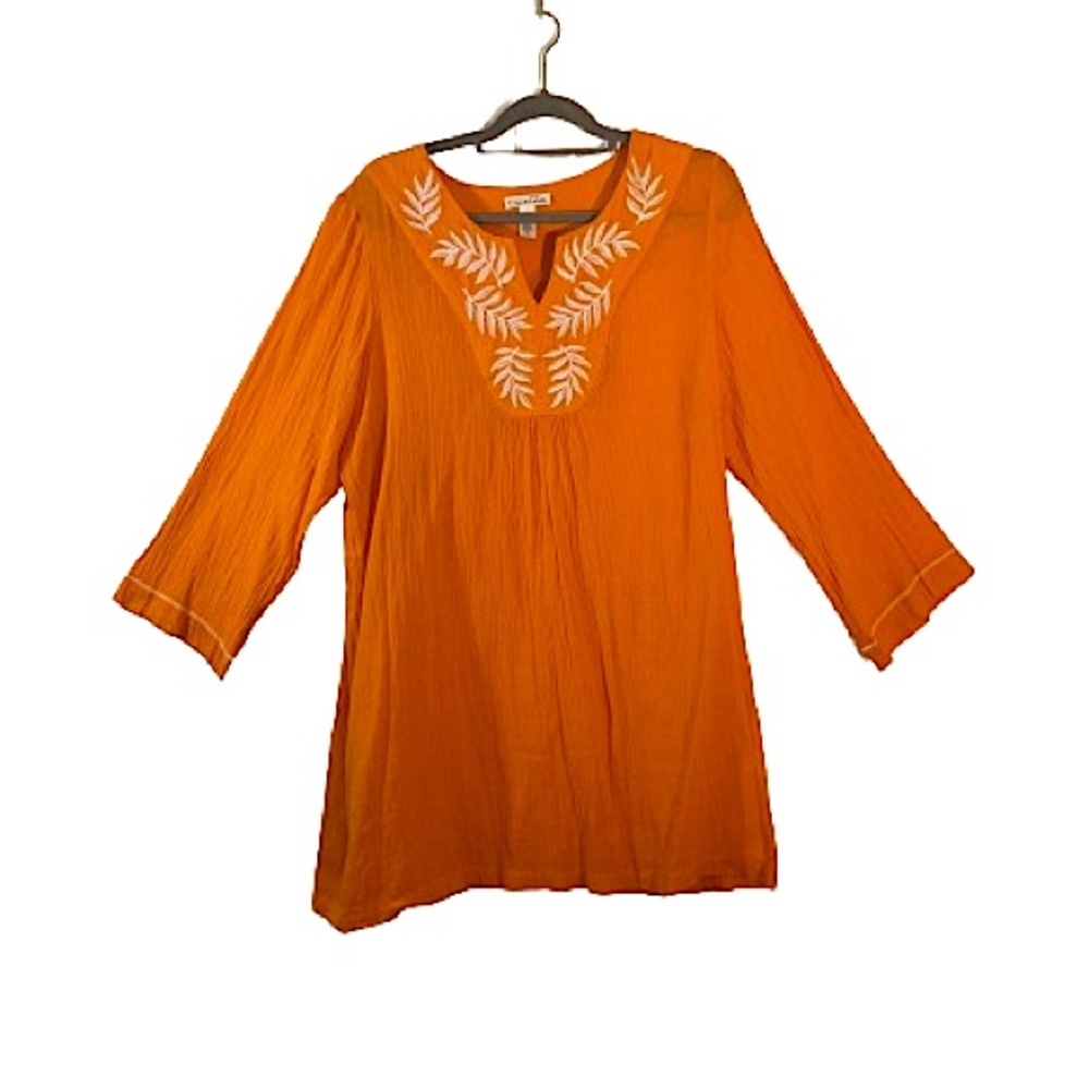Oscar de la Renta cotton gauzy tunic w leaf embroidery tangerine orange cruise
